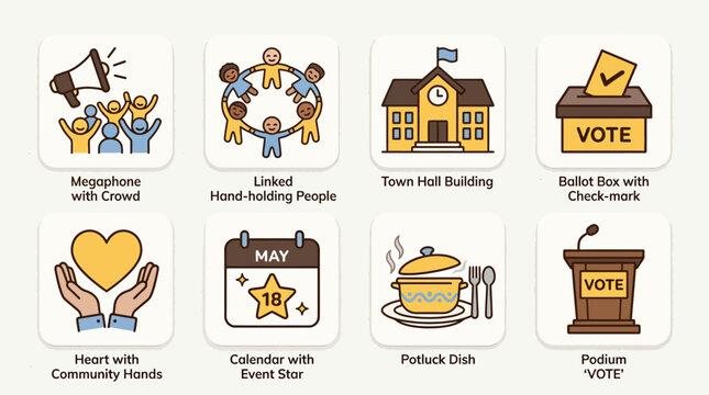 Collection of Icons Representing Civic Engagement and Community Events