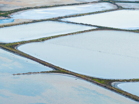 Abstract patterns created by straight levee between in salt ponds