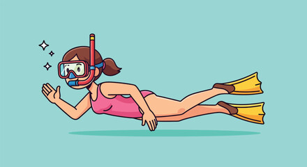 Cartoon Girl Snorkeling Underwater with Goggles and Flippers Vector Illustration. © NFS Studio