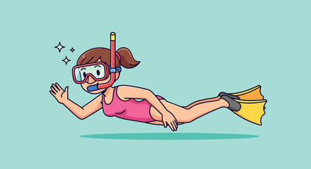 Cartoon girl snorkeling underwater with pink swimsuit and yellow fins. © NFS Studio