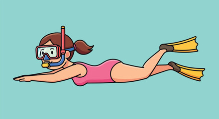 Cartoon Girl Swimming with Snorkel and Flippers. © NFS Studio