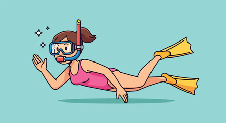 Cartoon illustration of a young woman snorkeling underwater in a pink swimsuit and yellow flippers. © NFS Studio