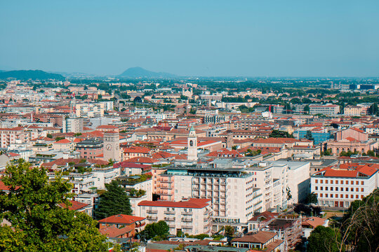aerial view of the lower town of Bergamo, Italy, with red roofs