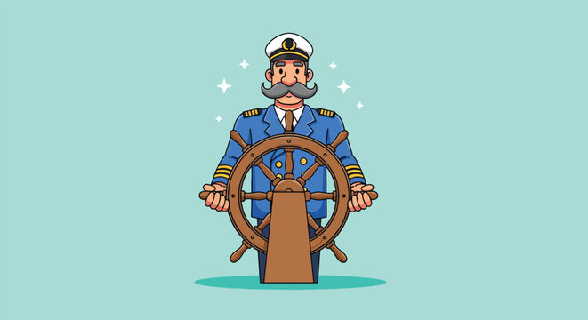Cartoon Captain Steering Ship Wheel Nautical Adventure.