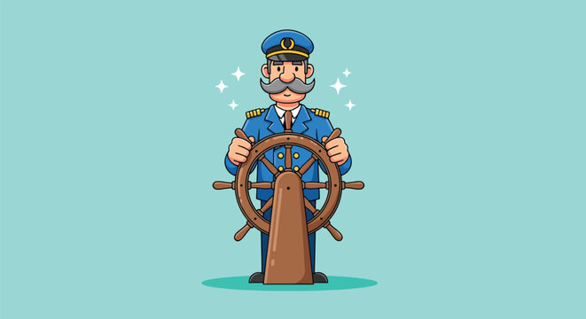 Captain Steering Ship Wheel Nautical Illustration.