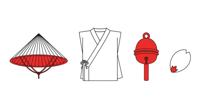 Minimalist Japanese culture icons including kimono hat bell and petal