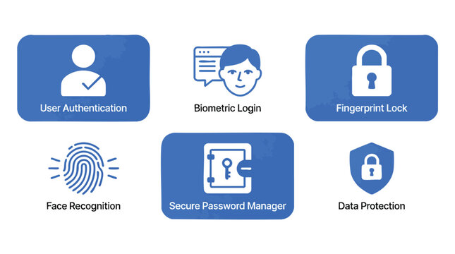 Cyber Security Icon Set: Biometric Login, Face Recognition, and Data Protection