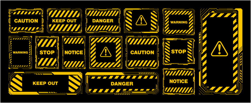 サイバー警告フレームセット イエロー 注意喚起アラートUI・危険表示デザイン ベクター素材 / Cyber Warning Frame Set Yellow Caution Alert UI Vector