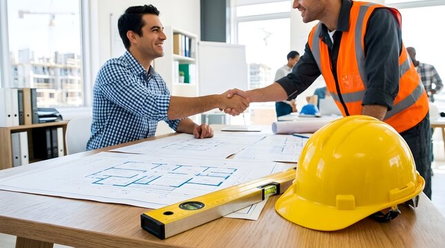 Architect in checkered shirt shaking hands with construction worker in orange safety vest over blueprints on an office desk featuring a yellow hard hat and yellow spirit level tool.