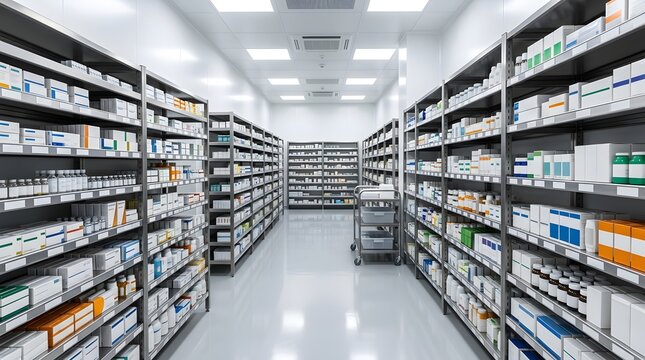 Modern pharmaceutical warehouse interior with organized metal shelving units filled with various medication boxes, medical supplies, and vials in a clean sterile environment.