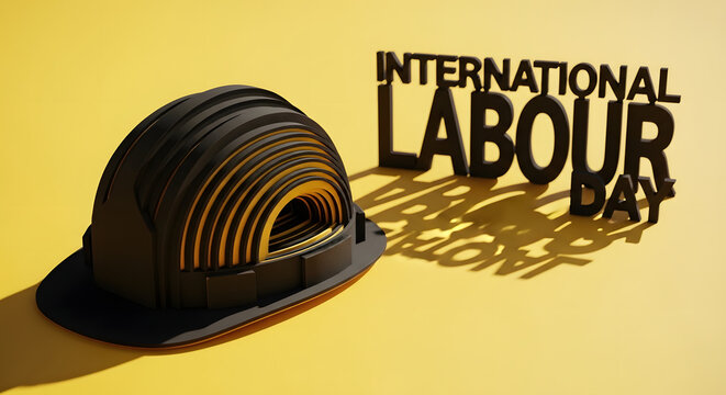 3D International Labour Day text with stylized black hard hat