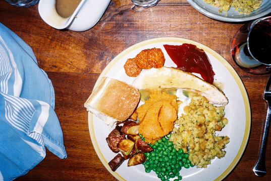 Close up detail of Thanksgiving dinner plate on film with flash