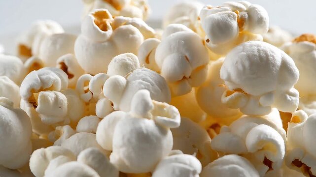 Close up macro view of white fluffy popcorn pile