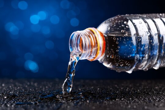 Clear Water Bottle Pouring Fresh Hydration with Condensation on Dark Surface Background