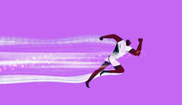 Running Athlete with Bright Neon Light Trail Symbolizing Speed, Power 