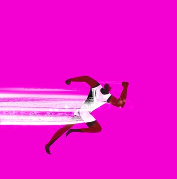 Running Athlete with Bright Neon Light Trail Symbolizing Speed, Power 