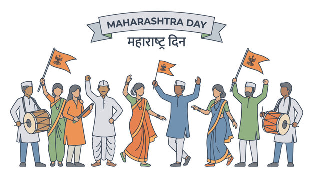 Colorful Maharashtra Day Vector Concept With Joyful People Dancing Playing Dhol And Holding Flags In Traditional Marathi Clothes For Celebration