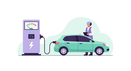 Naklejka premium Electric car charging at a power station with a person monitoring progress vector illustration. EPS Editable. Vector Illustrations.