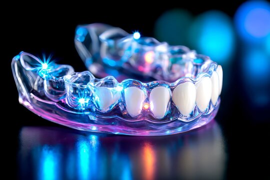 Macro Shot of a Glowing Mouthguard with Embedded Lights Against a Blue Background