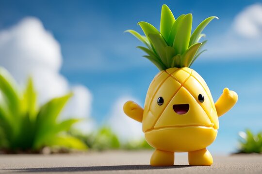 Happy Cute Pineapple Character with Green Leaves Against Blue Sky and White Clouds