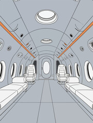 Obraz premium Design of an empty private jet interior with chairs and windows at daytime