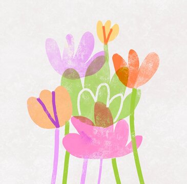 Pastel Spring Flowers on Green Stems in Childlike Naive Style