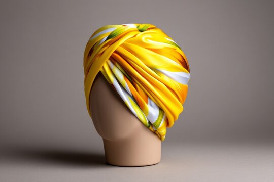 Structured Yellow Gele Headwrap Display with Elegant Folds and Mockup Design