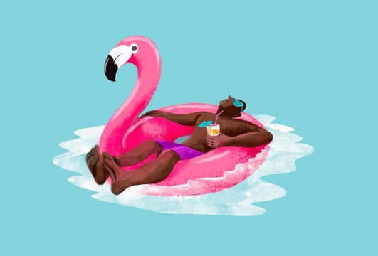 Man Relaxing on Flamingo Pool Float with Cocktail