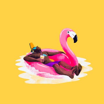 Man Relaxing on Flamingo Pool Float with Cocktail