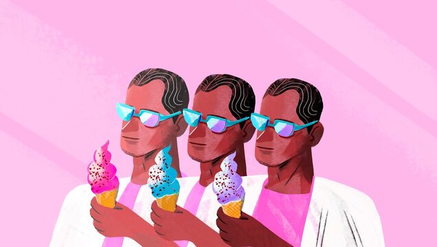 Men dressed glasses with Ice Cream against pink wall