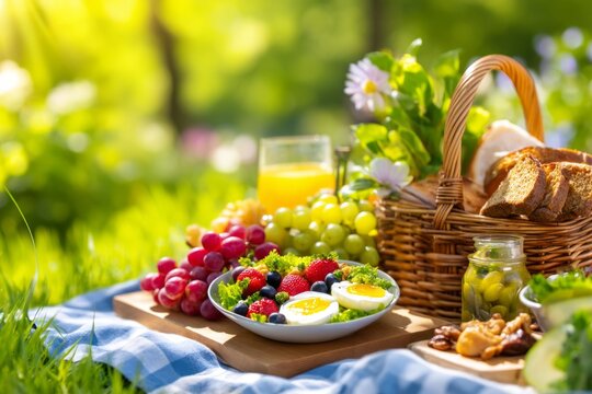 Colorful Healthy Picnic Food Arrangement in Outdoor Relaxing Setting with Natural Light