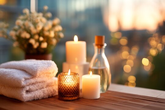 Tranquil Private Spa Corner with Candles and Soft Towels at Sunset for Relaxation
