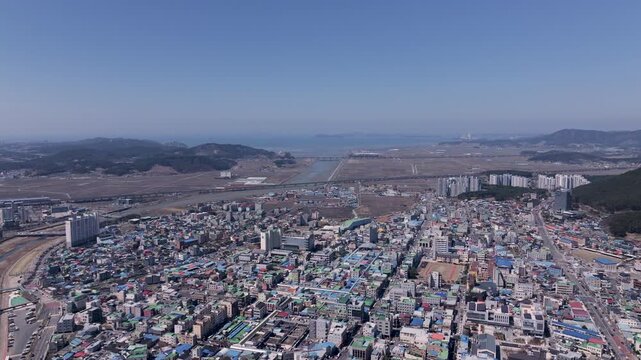 Aerial Drone Footage of Peaceful Ocheon Port and Chungcheong Suyeongseong Fortress, Boryeong, South Korea
