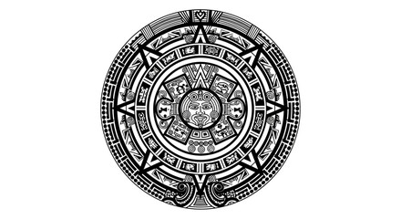 Obraz premium Ancient Aztec Calendar Stone Sun Stone Black and White Illustration.