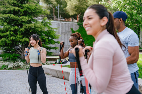 Outdoor group resistance band workout
