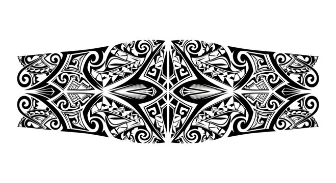 Intricate black and white tribal tattoo design with symmetrical patterns.
