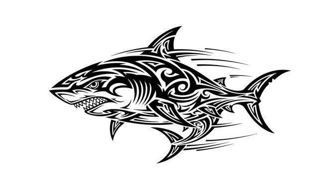 Dynamic Tribal Shark Tattoo Design with Aggressive Expression.