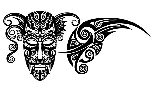 Intricate Tribal Mask and Wing Tattoo Design in Black and White.
