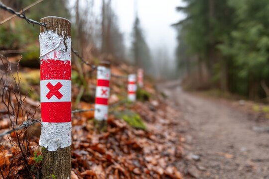 Trail Markers Guiding the Way Through a Misty Forest Pathway in Nature's Embrace