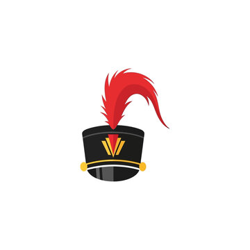 Flat design illustration of a military shako hat adorned with a vibrant red feather plume, perfect for marching band uniform concepts, symbolizing tradition, performance, and ceremonial events