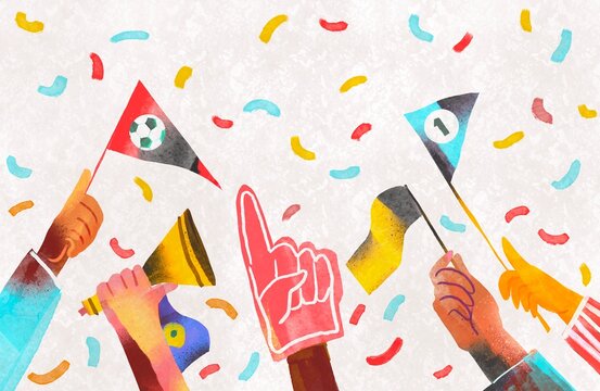 Raised Hands of Fans Holding Flags, Scarves, fingers and Noise Makers