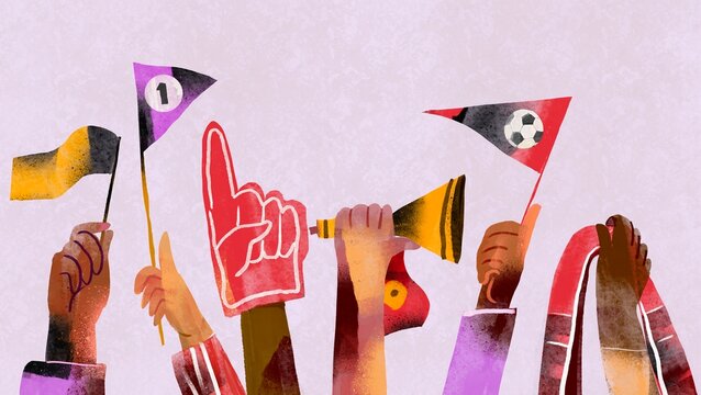 Raised Hands of Fans Holding Flags, Scarves, fingers and Noise Makers