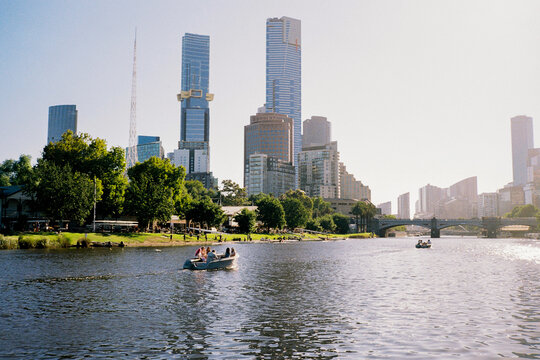 Motorboat on the river in Melbourne in summer. Shot on film 