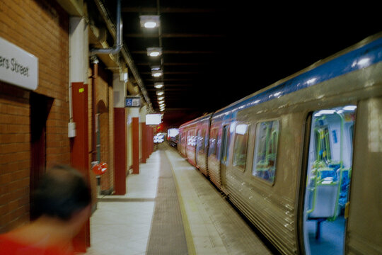 Late-night transit on commuter train in Melbourne, Australia 