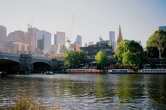 Yarra river with views of downtown Melbourne shot on film in summer 
