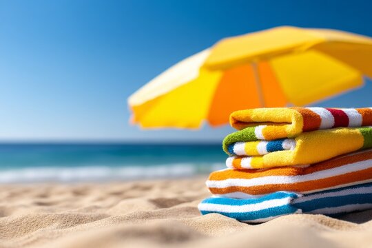 Vibrant Beach Setup with Colorful Towels and Sunny Umbrella on a Warm Summer Day
