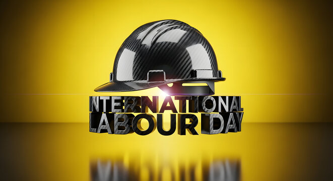 Carbon fiber hard hat over International Labour Day text