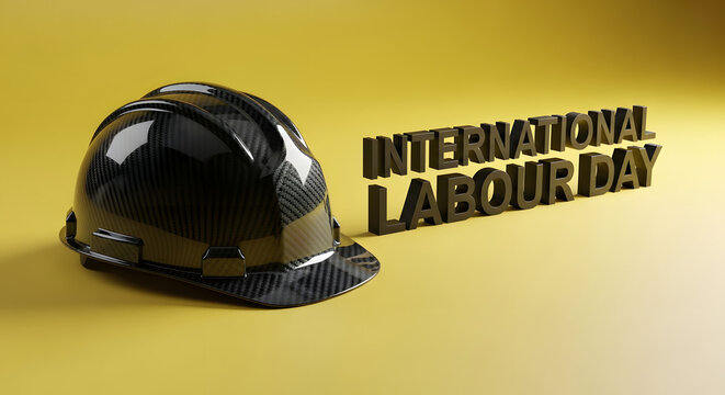 Carbon fiber hard hat with International Labour Day 3D text