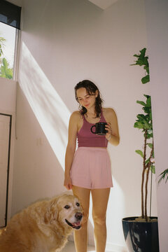 Sunny morning with golden retriever  at home 