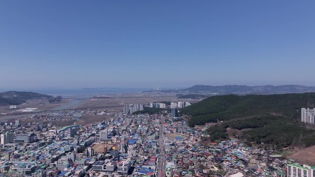 Aerial Drone Footage of Peaceful Ocheon Port and Chungcheong Suyeongseong Fortress, Boryeong, South Korea